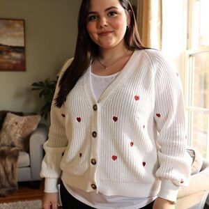 Women's White Heart Knit Cardigan Sweater size XL